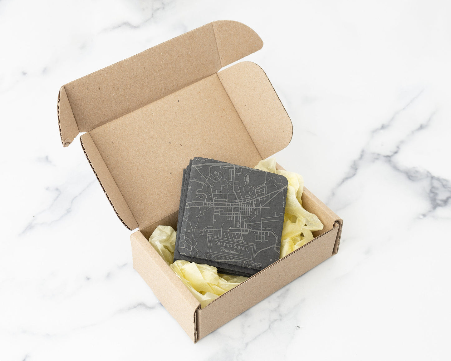 Custom City Map Slate Coasters – Personalized Engraved Set of 4 for Travelers or Hosts
