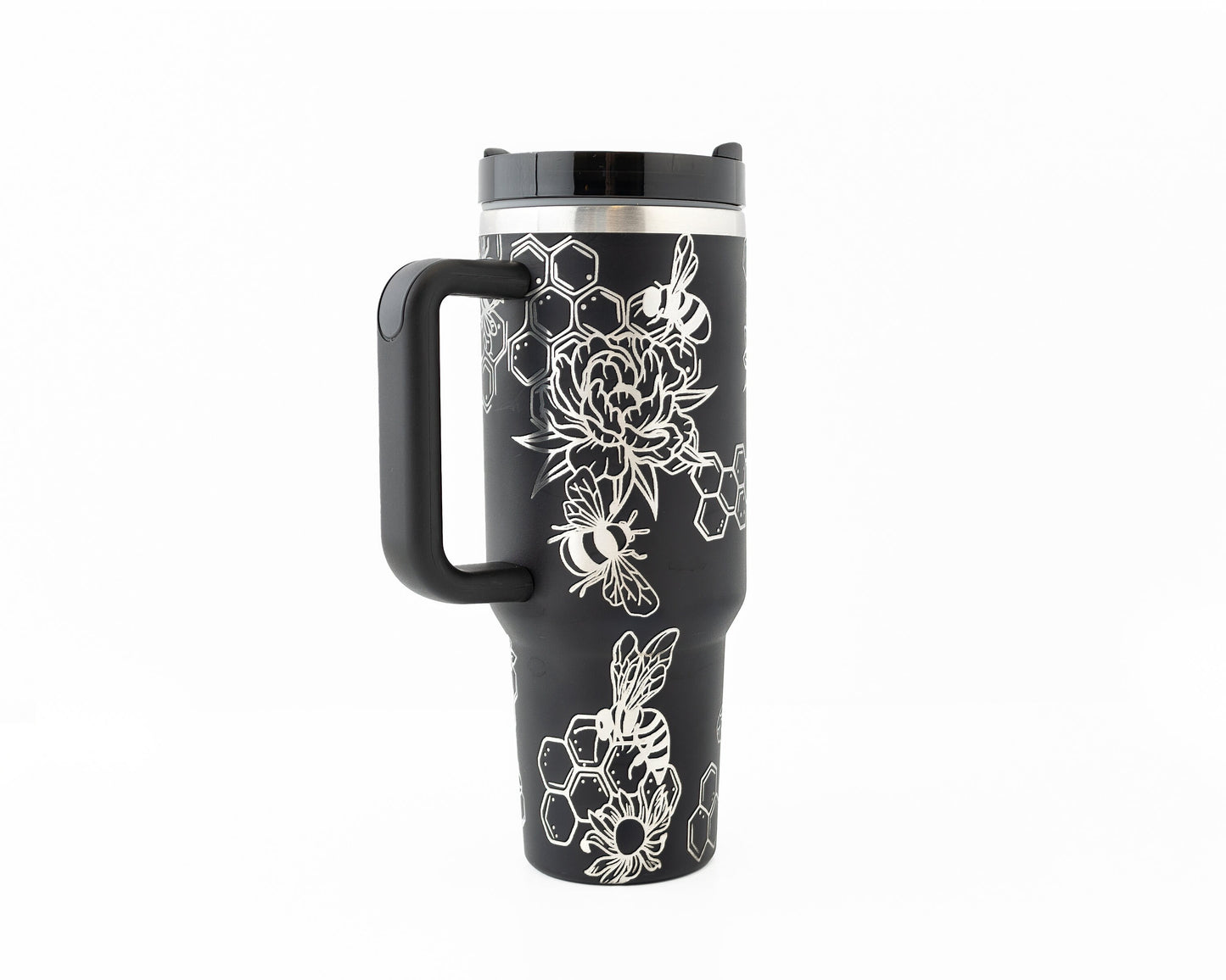 40oz Tumbler with Handle Laser Engraved with Bumble Bee & Honeycomb Design