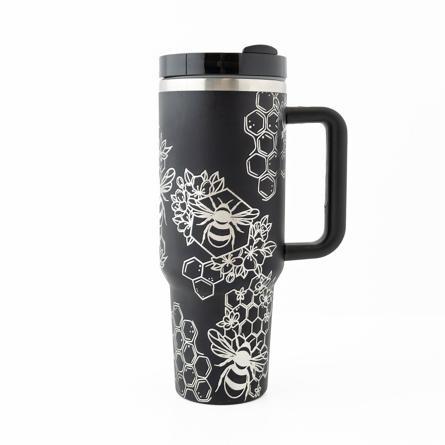 40oz Tumbler with Handle Laser Engraved with Bumble Bee & Honeycomb Design
