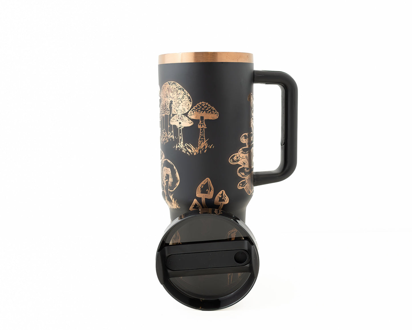 40oz Black or Cream Tumbler with Handle Laser Engraved with Mushroom Design