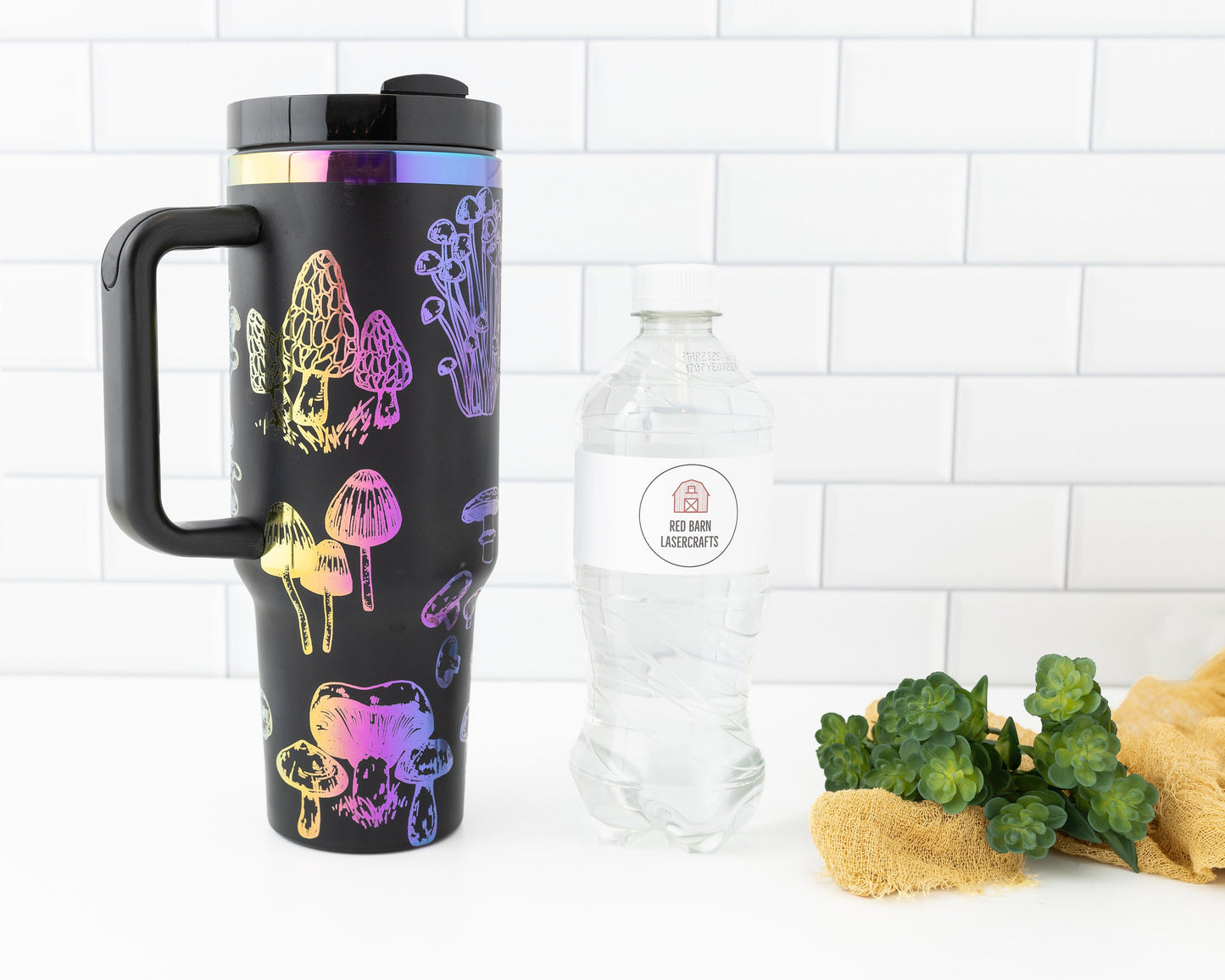 40oz Tumbler with Handle Laser Engraved with Mushroom Design