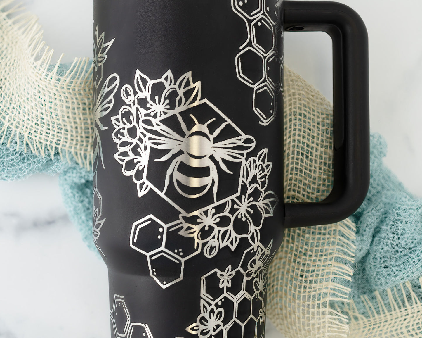 40oz Tumbler with Handle Laser Engraved with Bumble Bee & Honeycomb Design