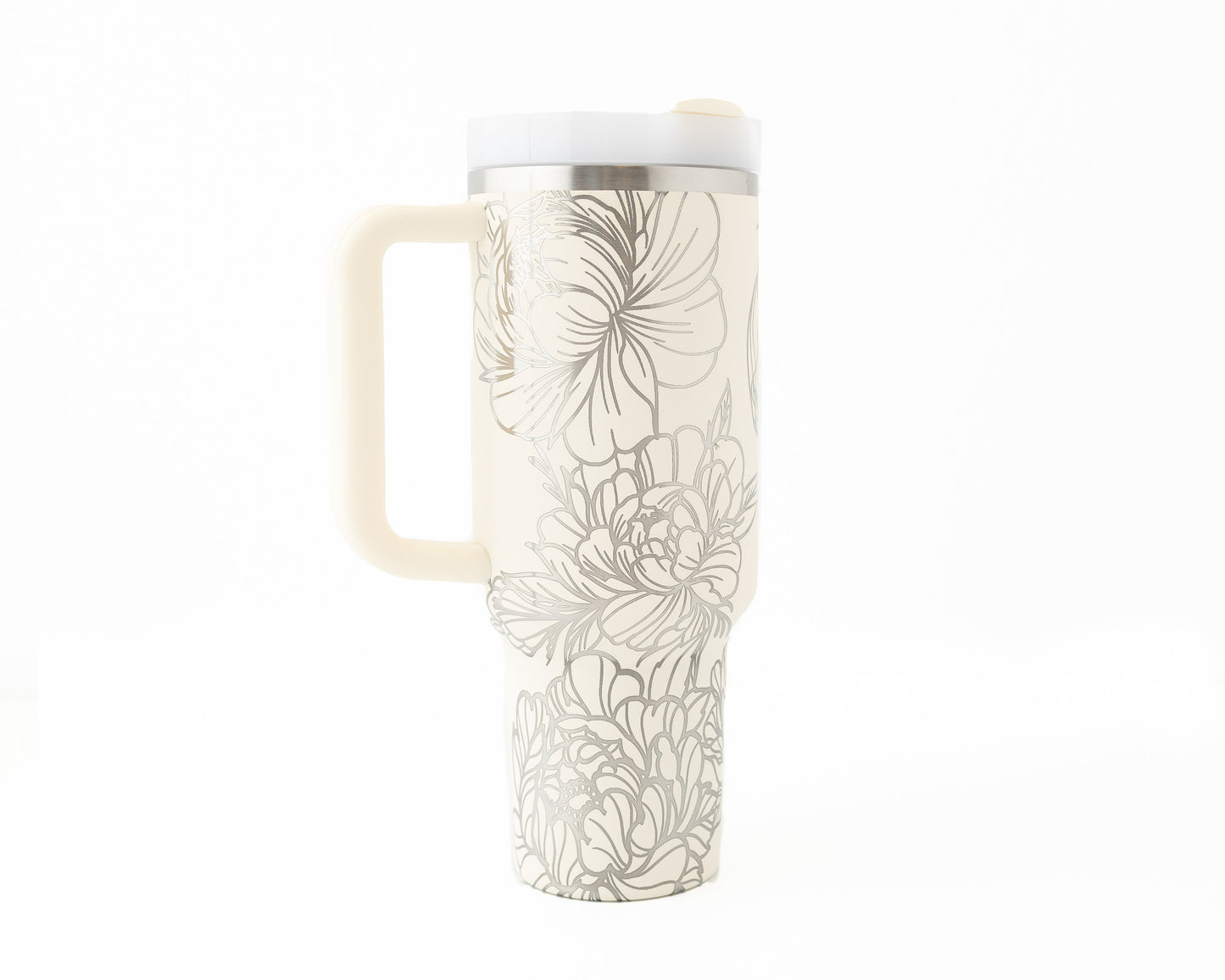 40oz Stanley Tumbler Laser Engraved with Peony Flower Wrap