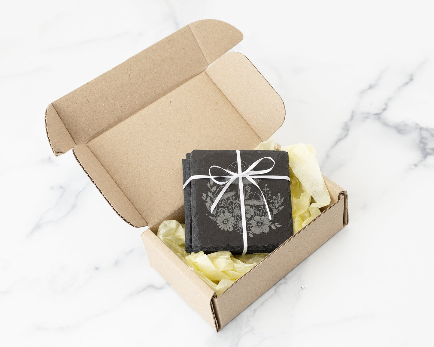 Engraved Slate Coasters – Set of 4 with Mushrooms & Floral Design