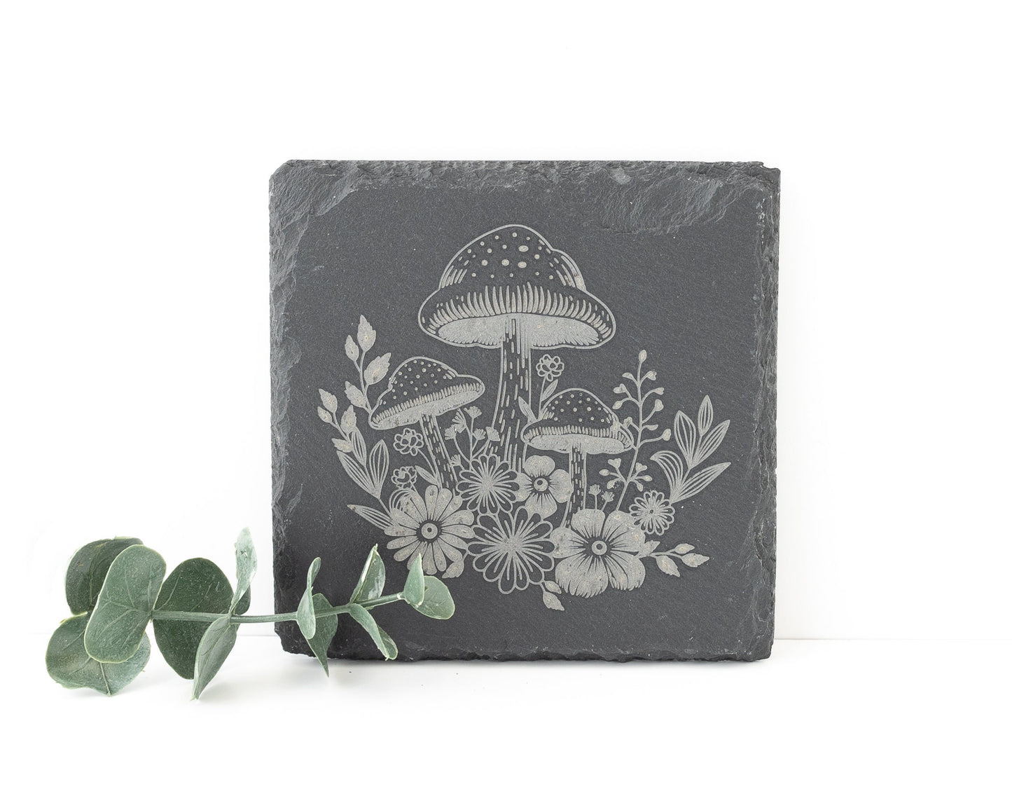 Engraved Slate Coasters – Set of 4 with Mushrooms & Floral Design