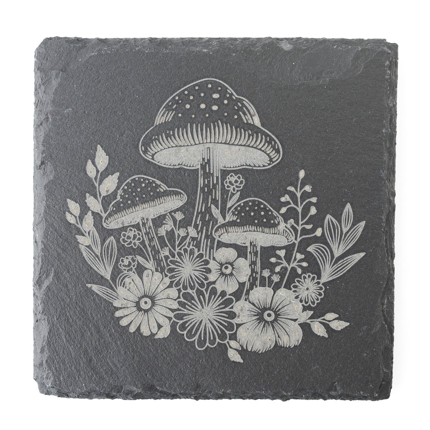 Engraved Slate Coasters – Set of 4 with Mushrooms & Floral Design