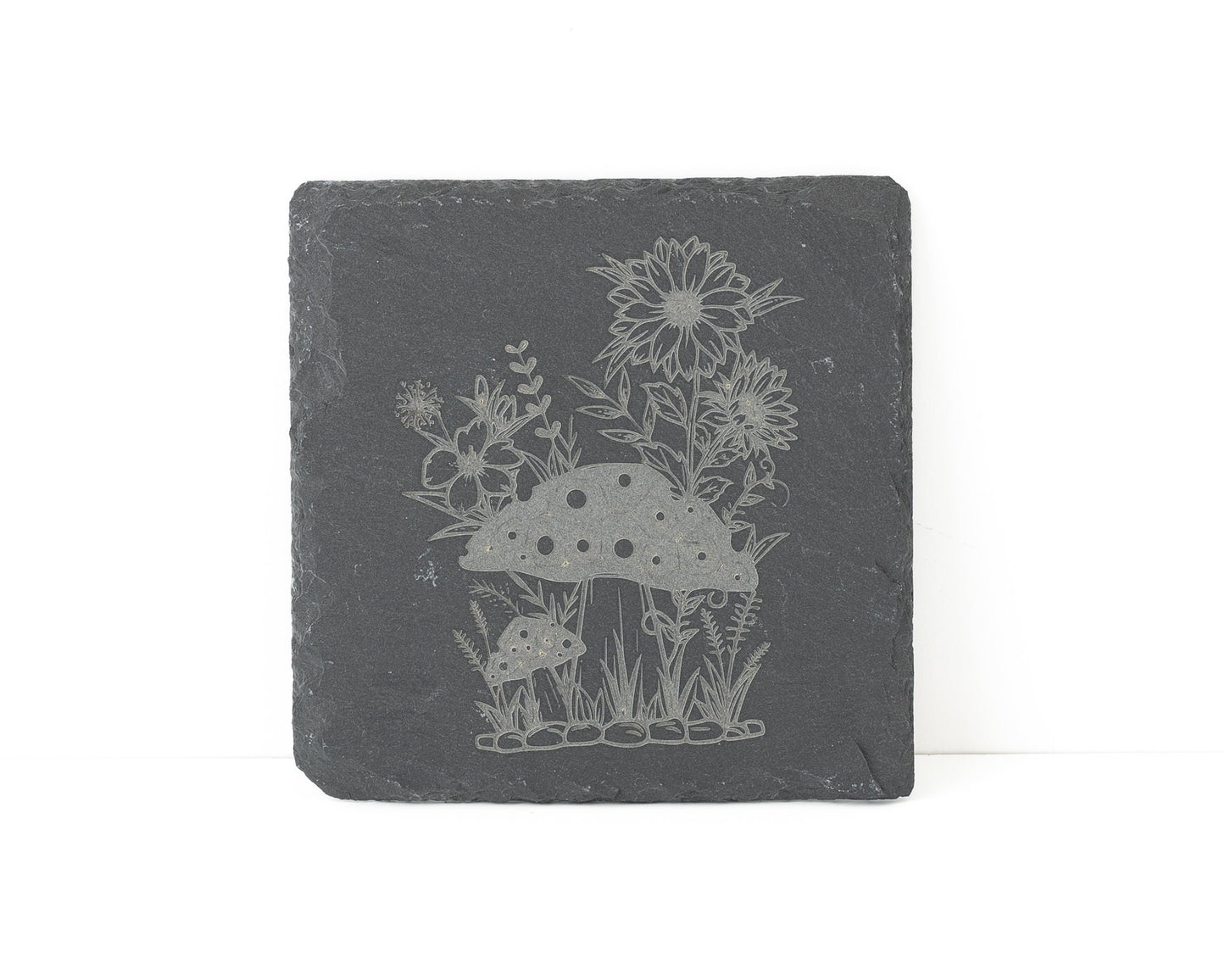 Mushroom & Sunflower Slate Coasters – Engraved Set of 4 for Nature Lovers