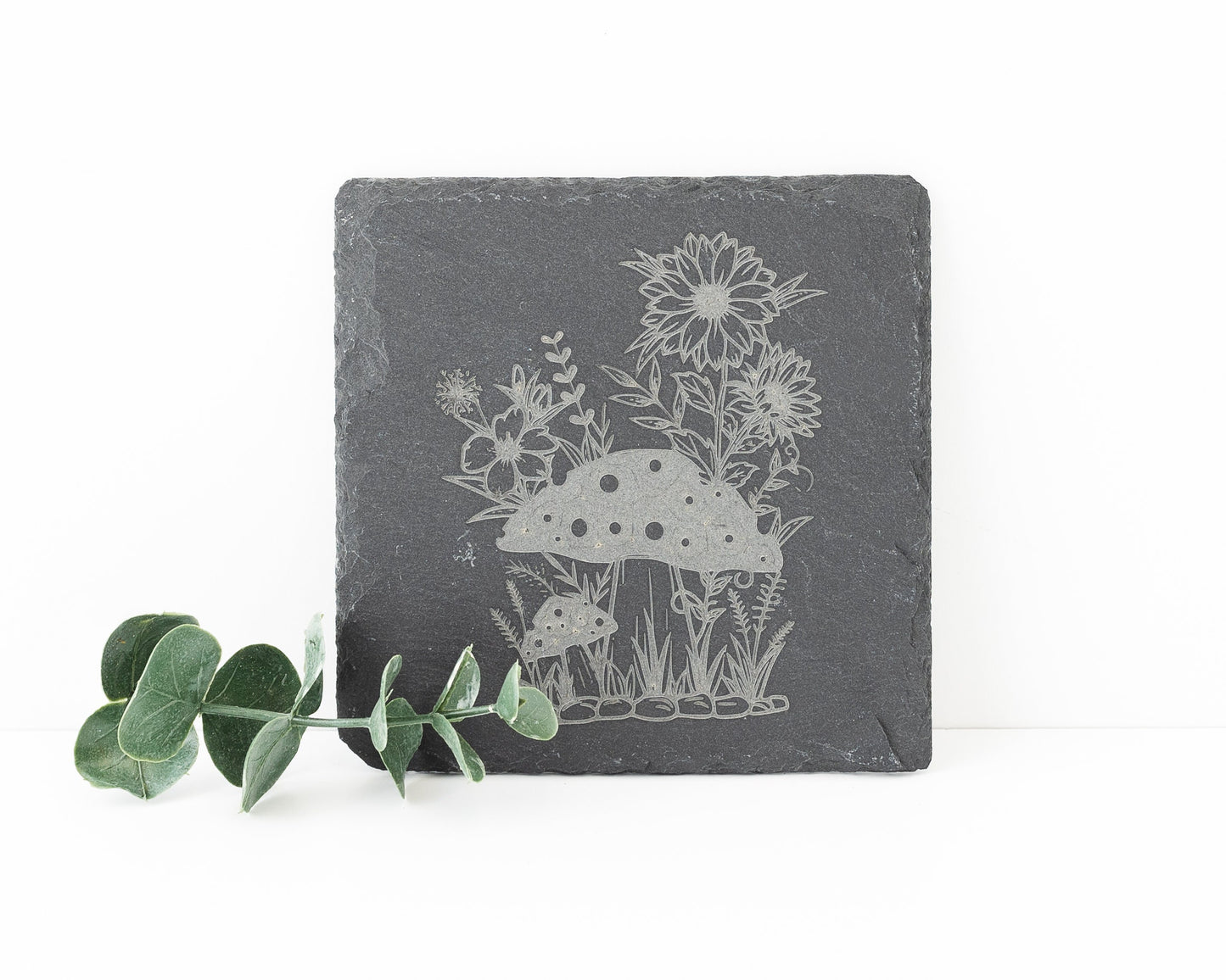 Mushroom & Sunflower Slate Coasters – Engraved Set of 4 for Nature Lovers