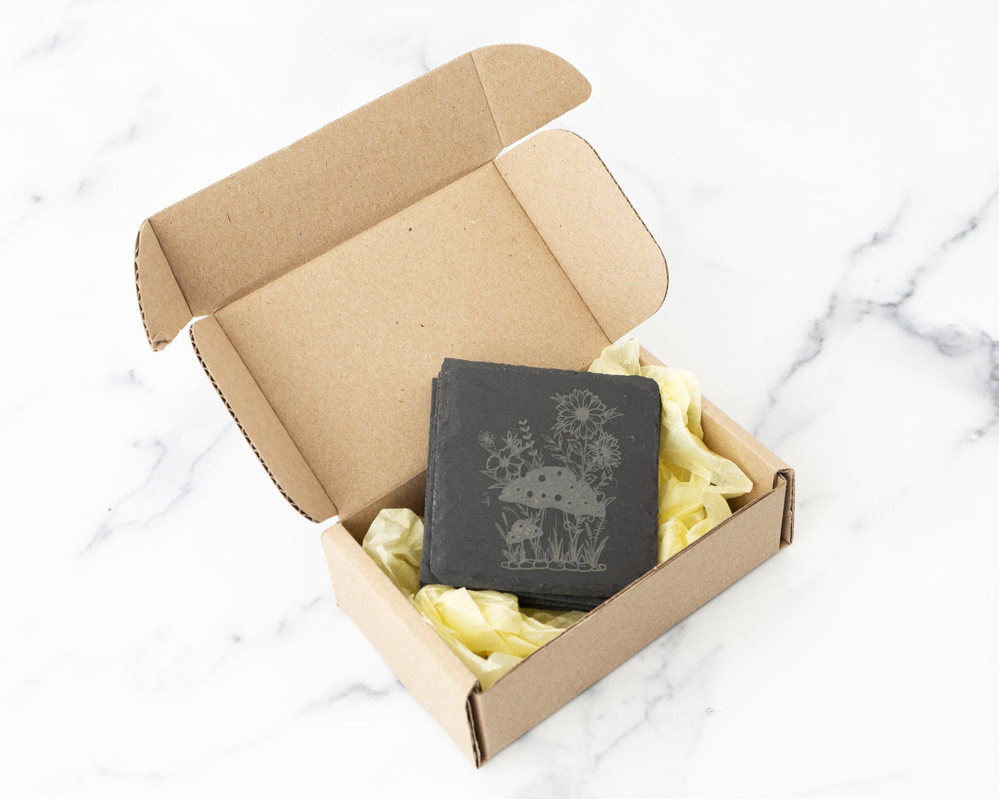 Mushroom & Sunflower Slate Coasters – Engraved Set of 4 for Nature Lovers