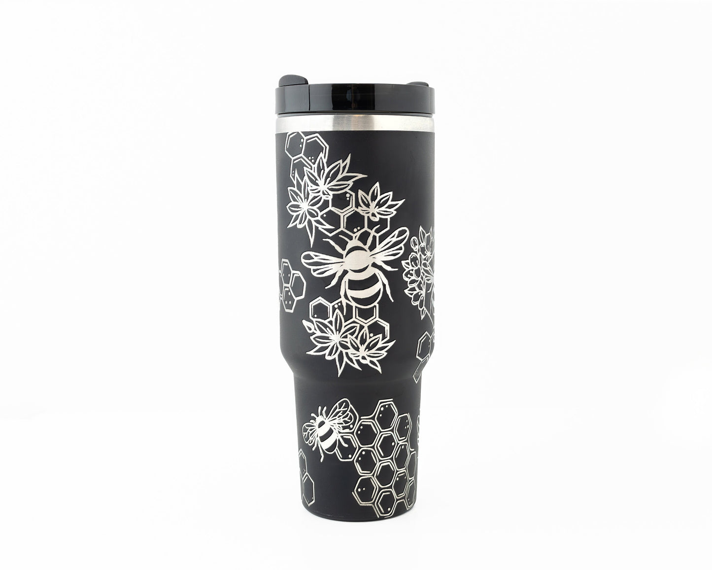 40oz Tumbler with Handle Laser Engraved with Bumble Bee & Honeycomb Design