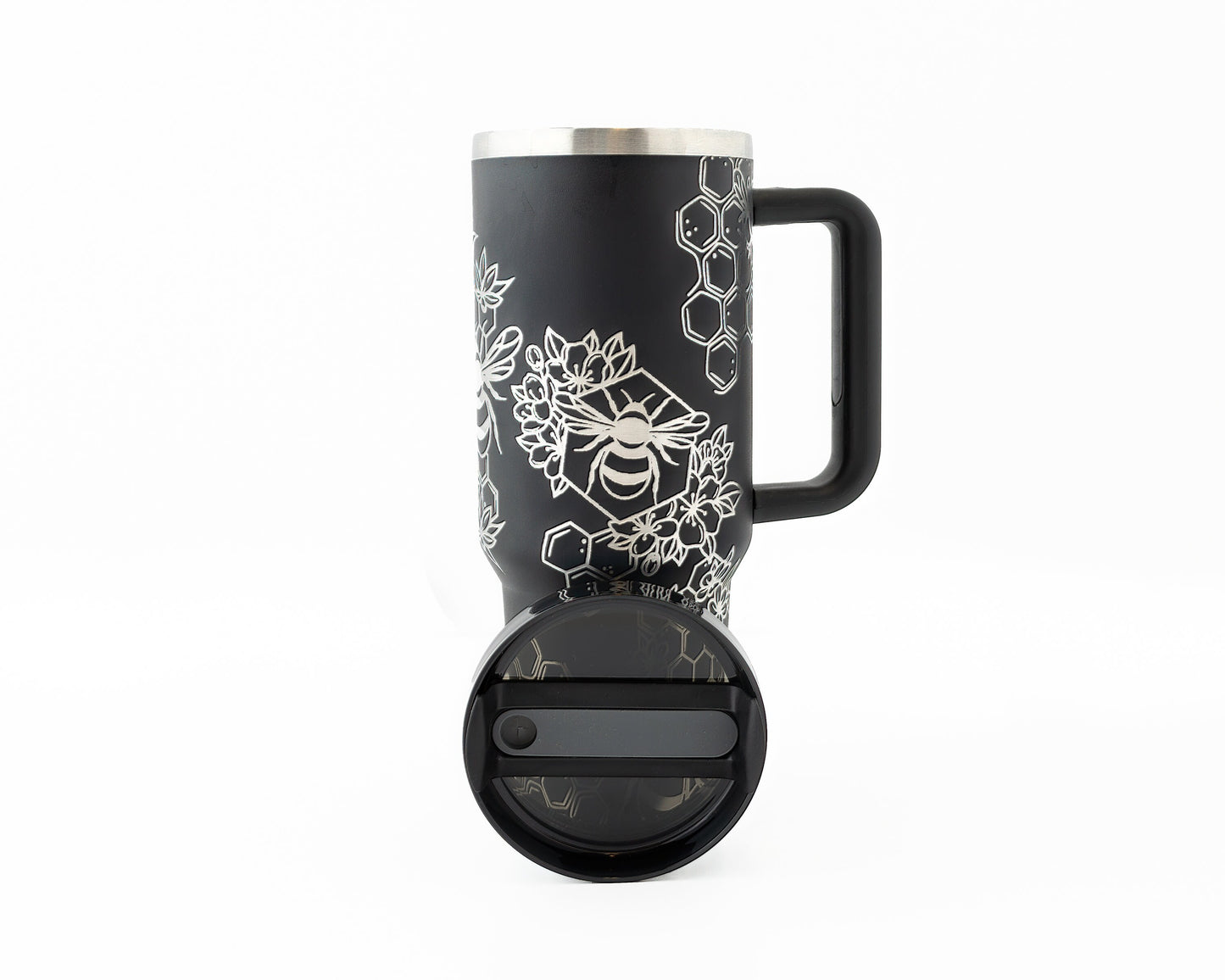 40oz Tumbler with Handle Laser Engraved with Bumble Bee & Honeycomb Design
