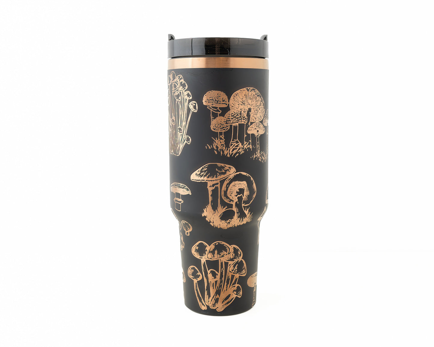 40oz Black or Cream Tumbler with Handle Laser Engraved with Mushroom Design