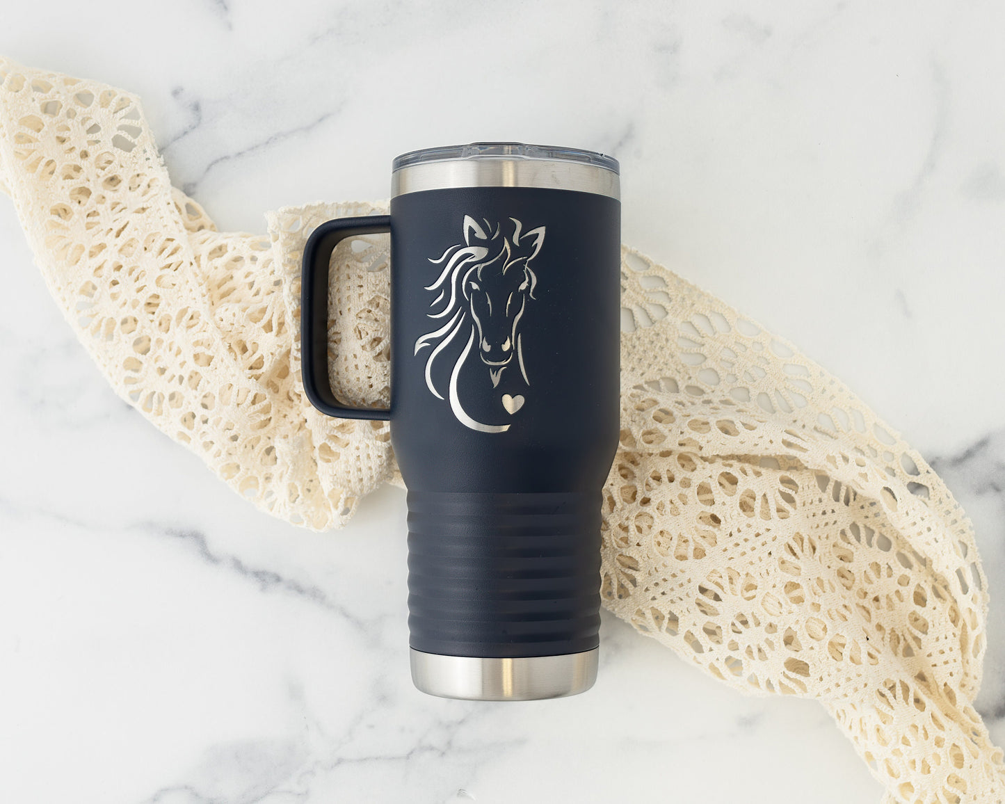 20oz Tumbler with Handle – Laser Engraved Horse Design for Equestrians