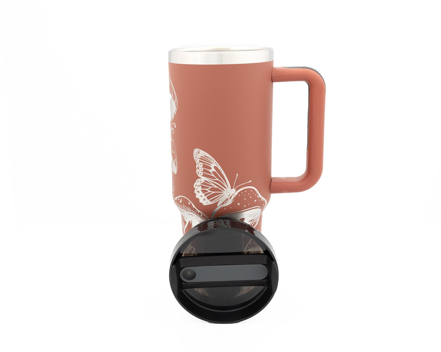 40oz Tumbler with Handle Laser Engraved with Mushroom and Butterfly Design