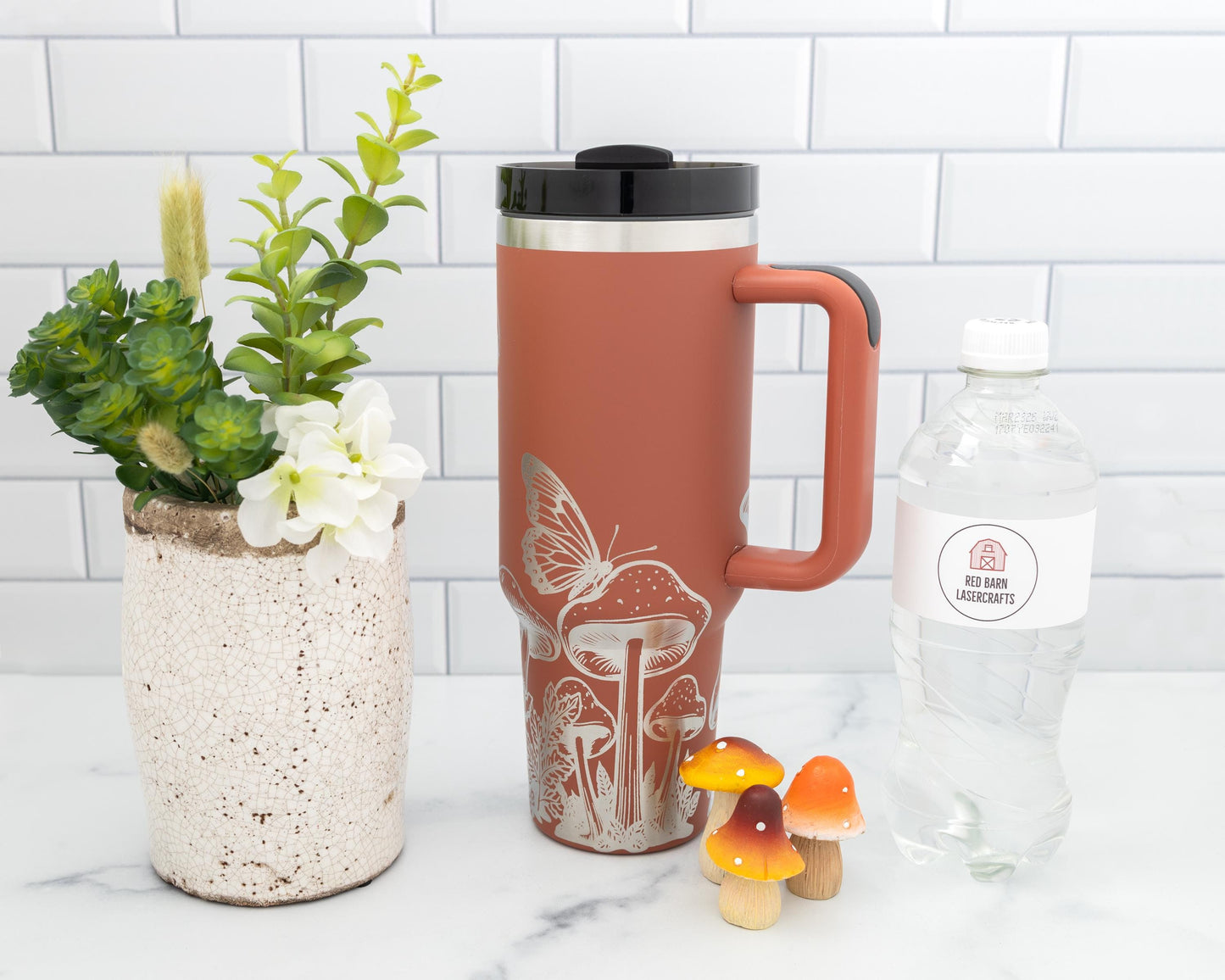 40oz Tumbler with Handle Laser Engraved with Mushroom and Butterfly Design