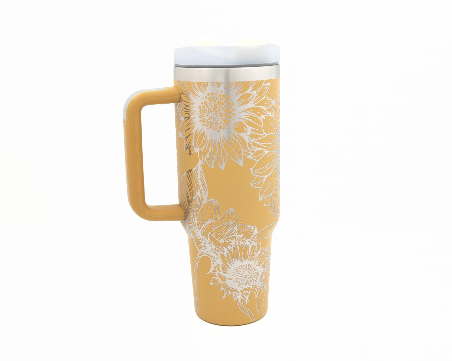 40oz Tumbler with Handle Laser Engraved with Sunflower design