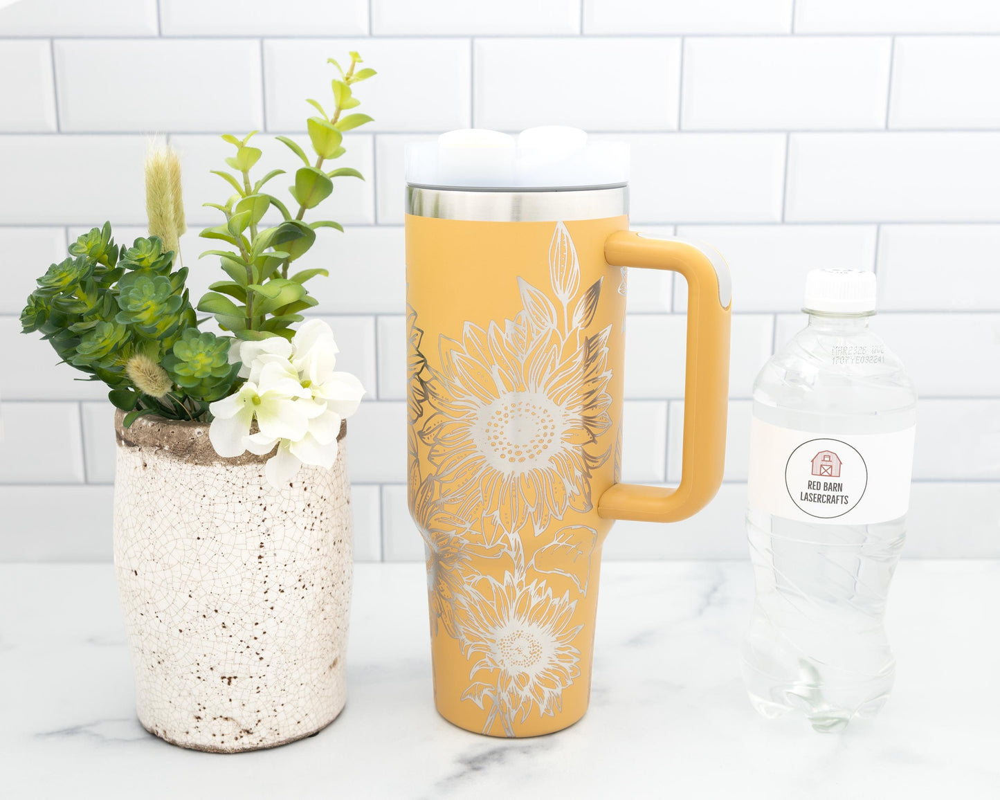 40oz Tumbler with Handle Laser Engraved with Sunflower design