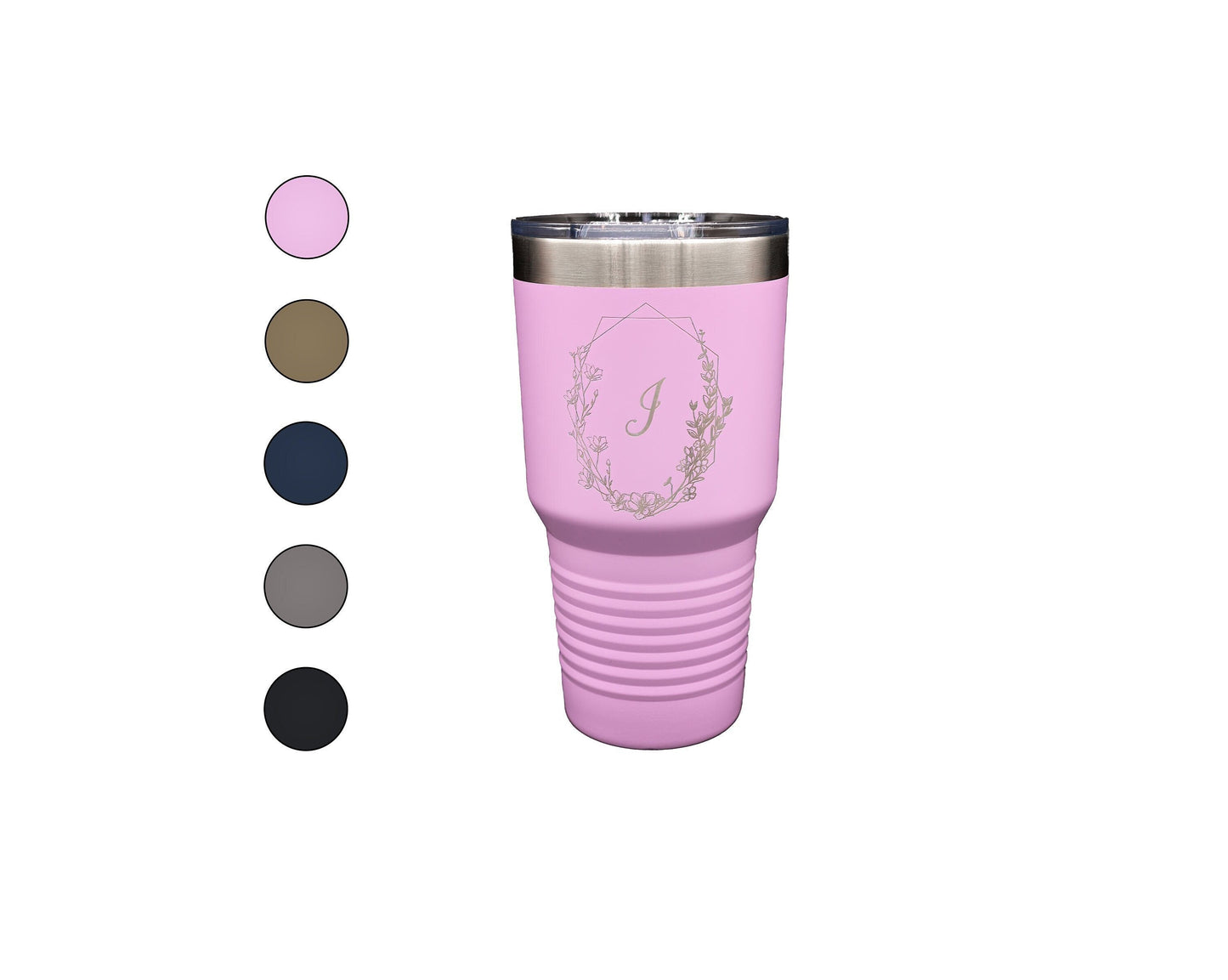 30oz Monogram Tumbler with Floral Wreath | Personalized Travel Mug for Gardeners & Moms