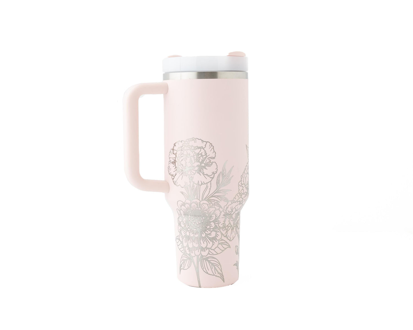 40oz Stanley Tumbler Laser Engraved with Zinnia & Carnation Floral Design