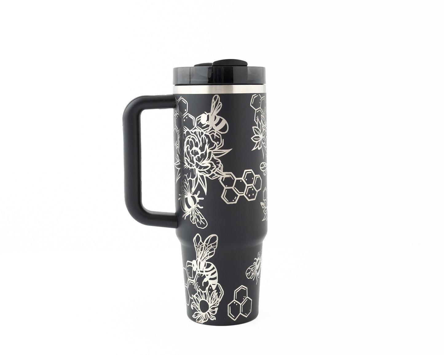 30oz Stanley Tumbler with Handle – Laser Engraved Bumble Bee & Honeycomb Design | Nature Lover or Gardener Gift