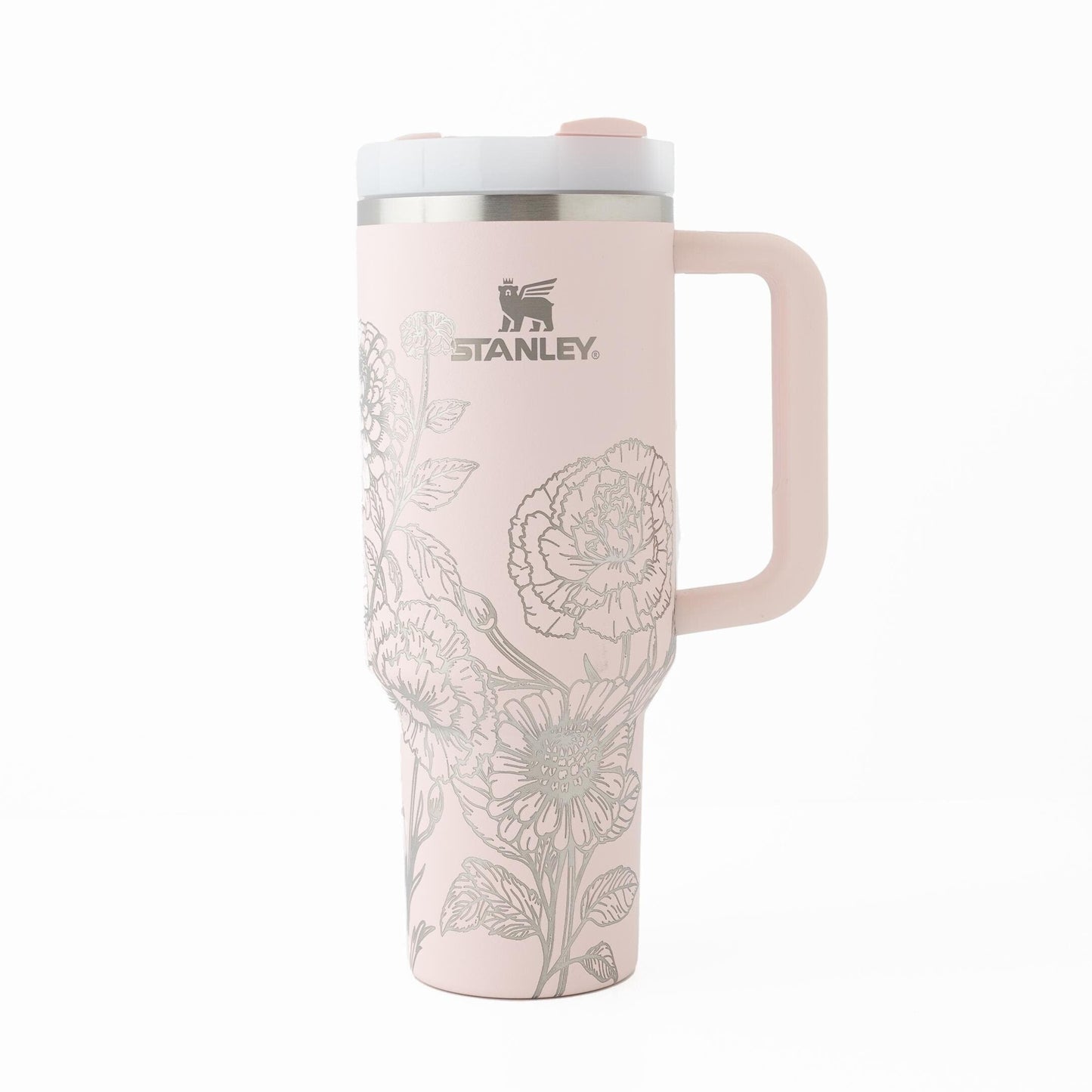 40oz Stanley Tumbler Laser Engraved with Zinnia & Carnation Floral Design