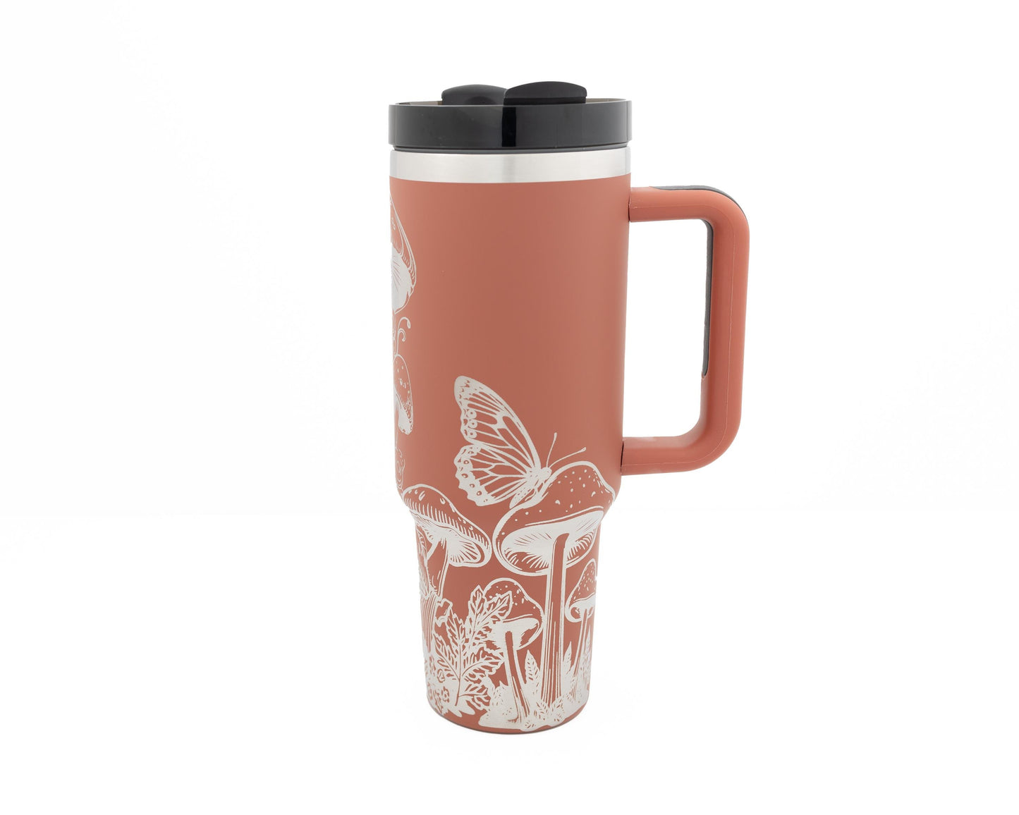 40oz Tumbler with Handle Laser Engraved with Mushroom and Butterfly Design