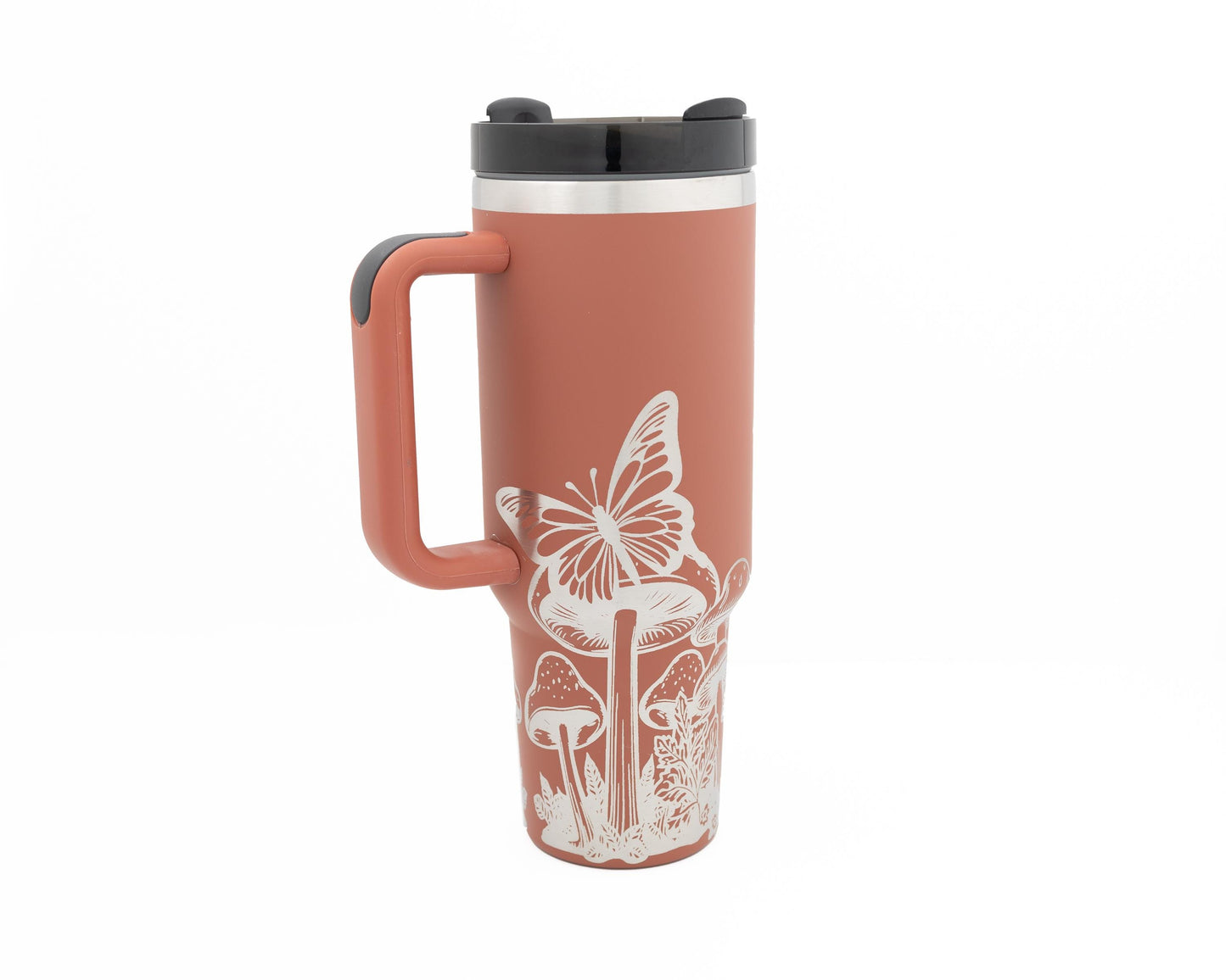 40oz Tumbler with Handle Laser Engraved with Mushroom and Butterfly Design