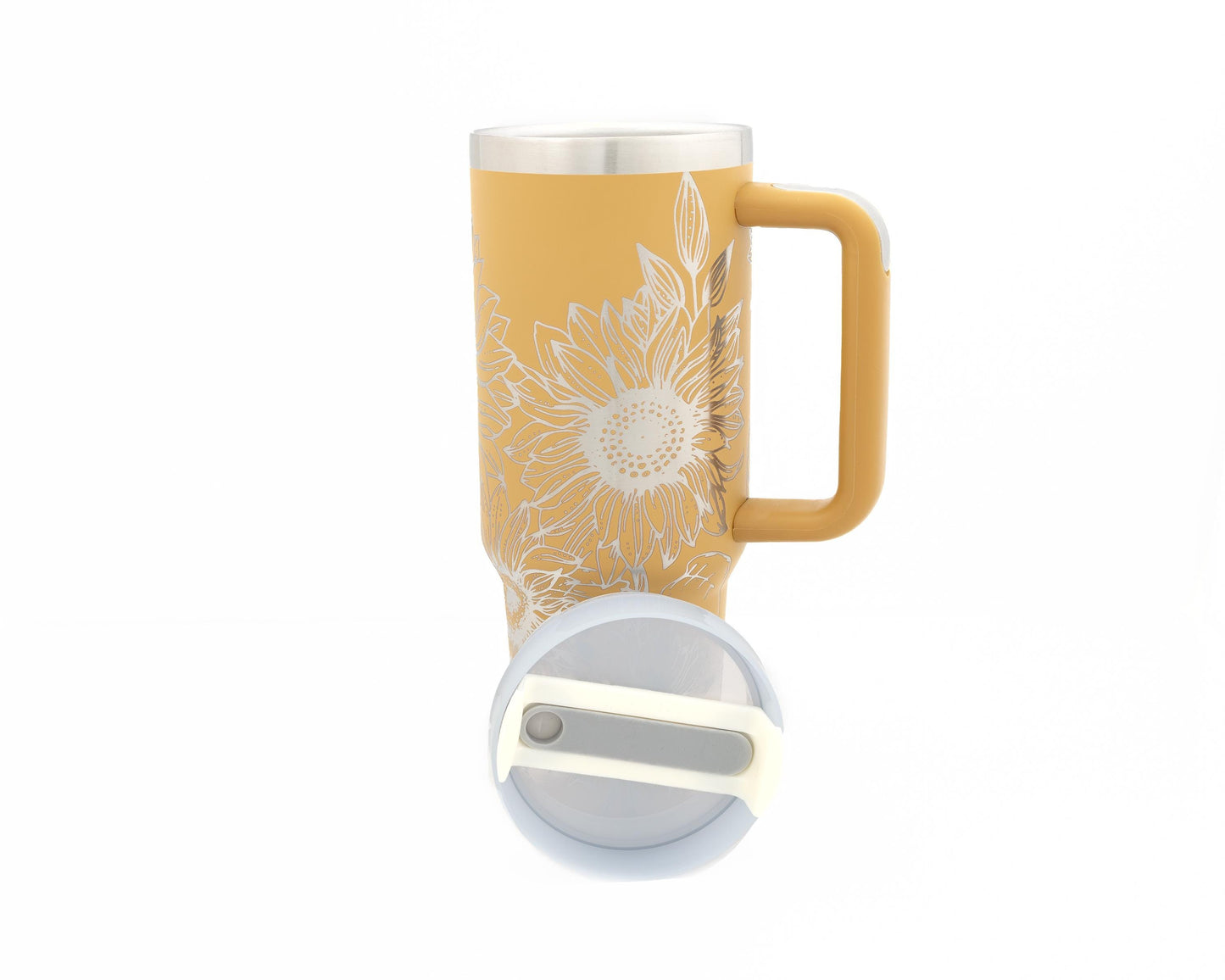 40oz Tumbler with Handle Laser Engraved with Sunflower design
