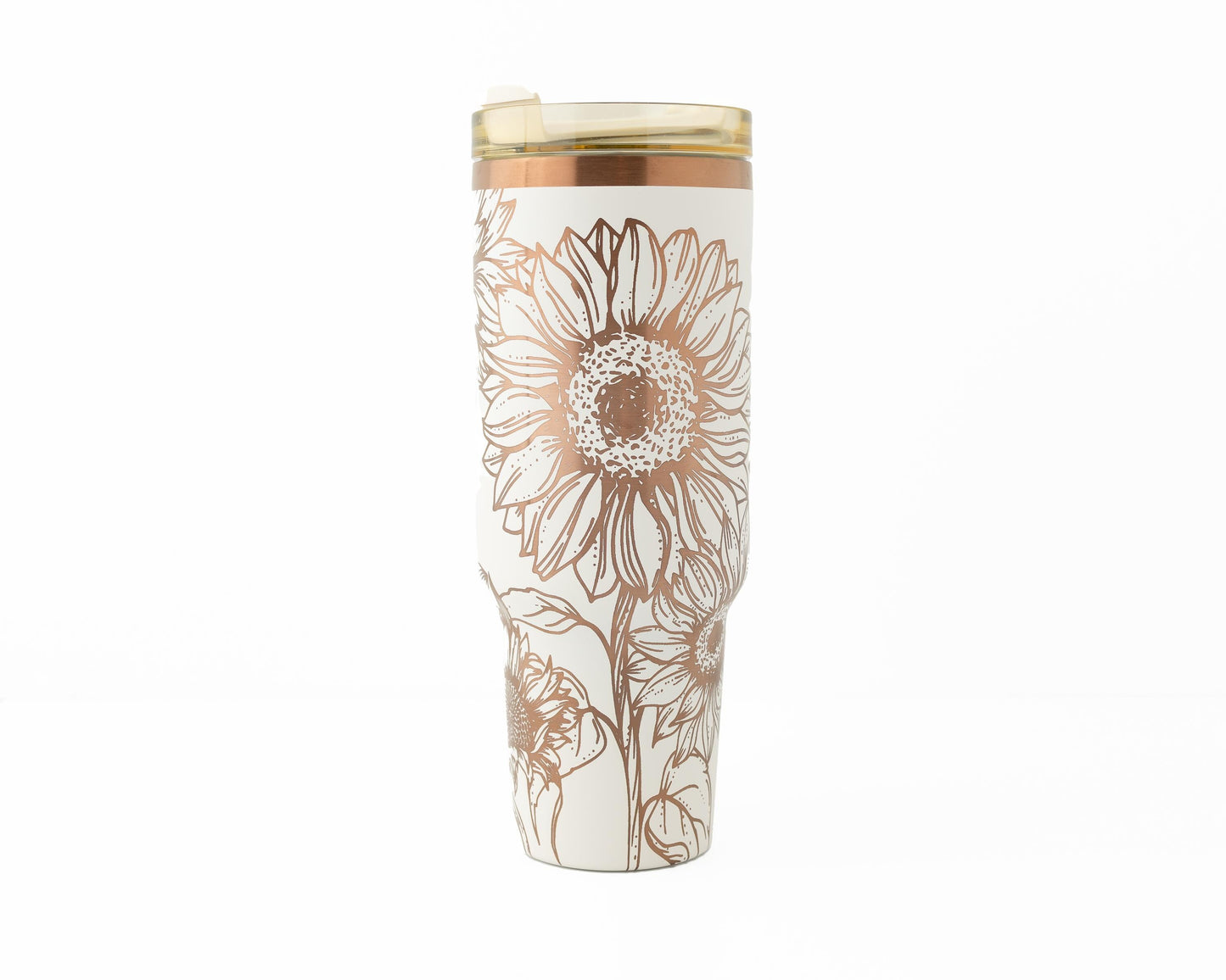 40oz Black or Cream Tumbler with Handle Laser Engraved with Sunflowers