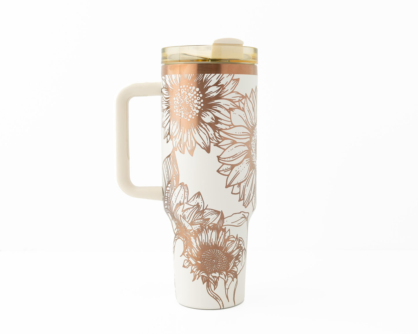 40oz Black or Cream Tumbler with Handle Laser Engraved with Sunflowers