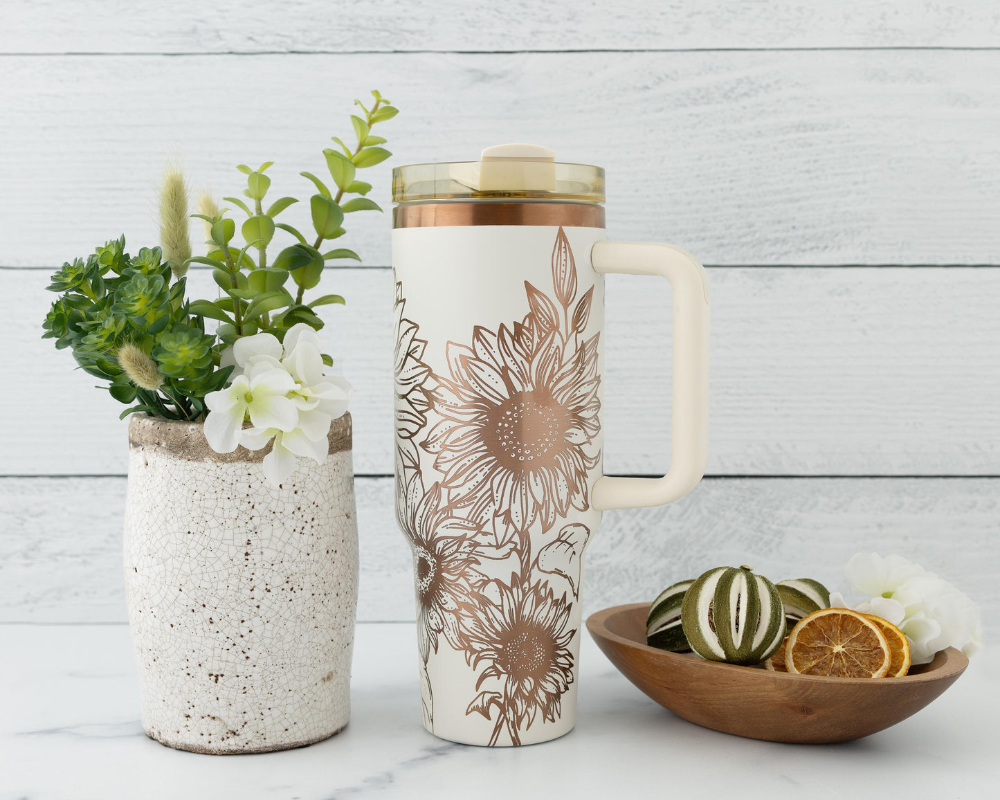 40oz Black or Cream Tumbler with Handle Laser Engraved with Sunflowers
