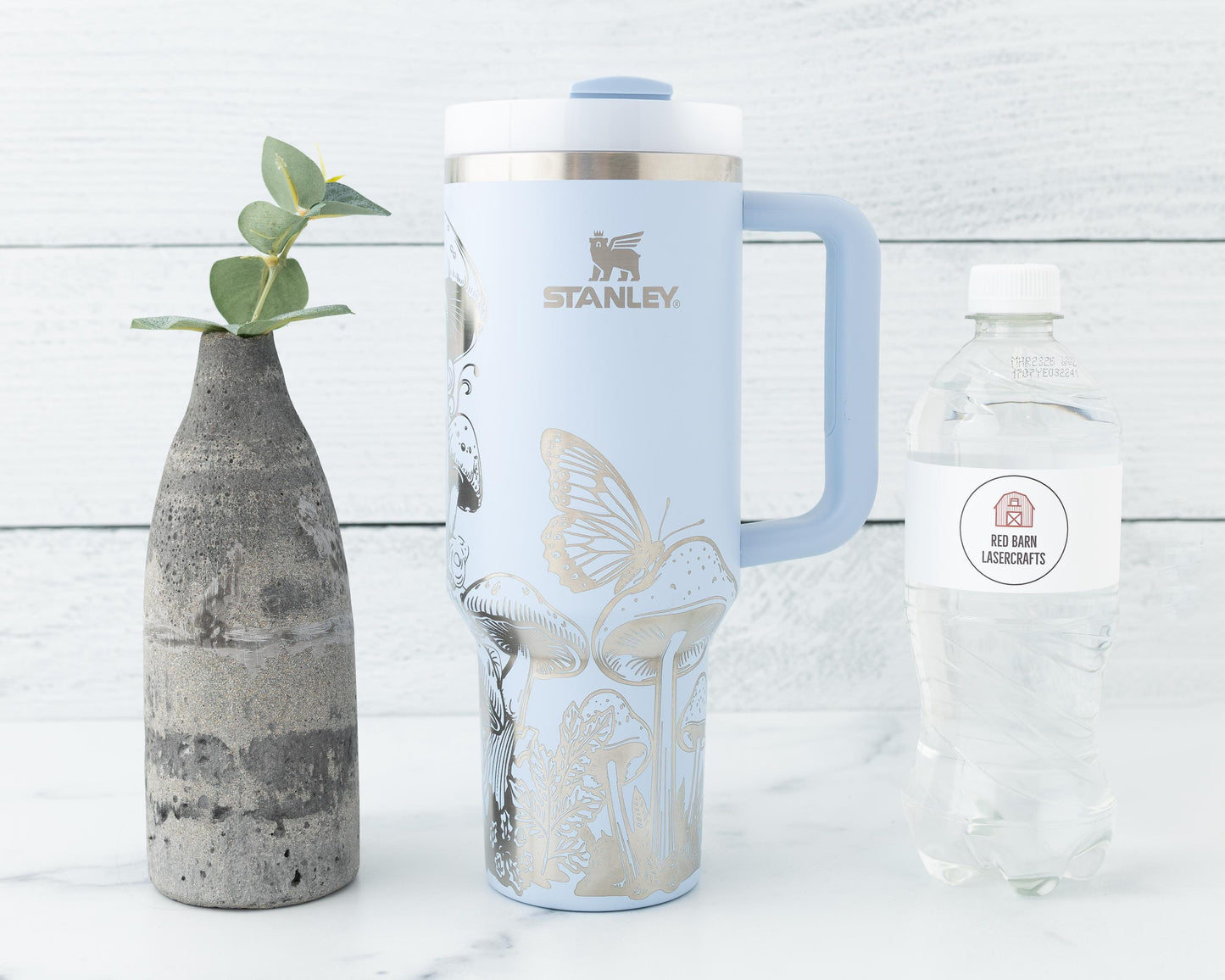40oz Stanley Tumbler Laser Engraved with Mushroom & Butterfly Design