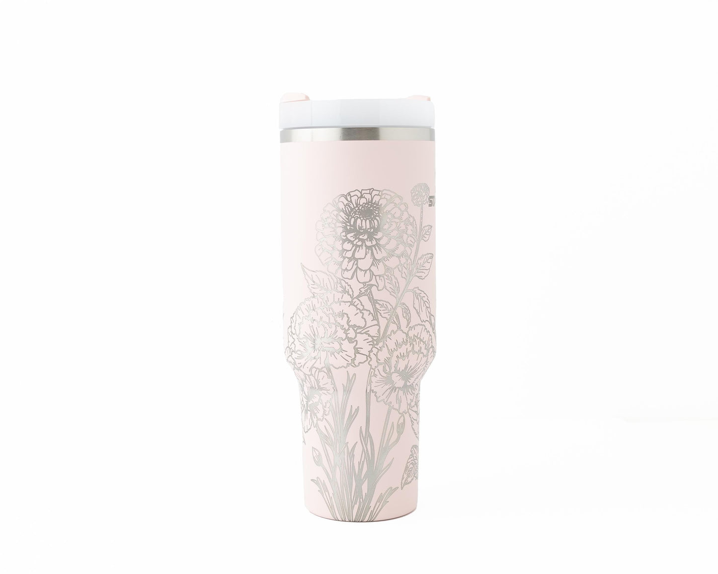 40oz Stanley Tumbler Laser Engraved with Zinnia & Carnation Floral Design