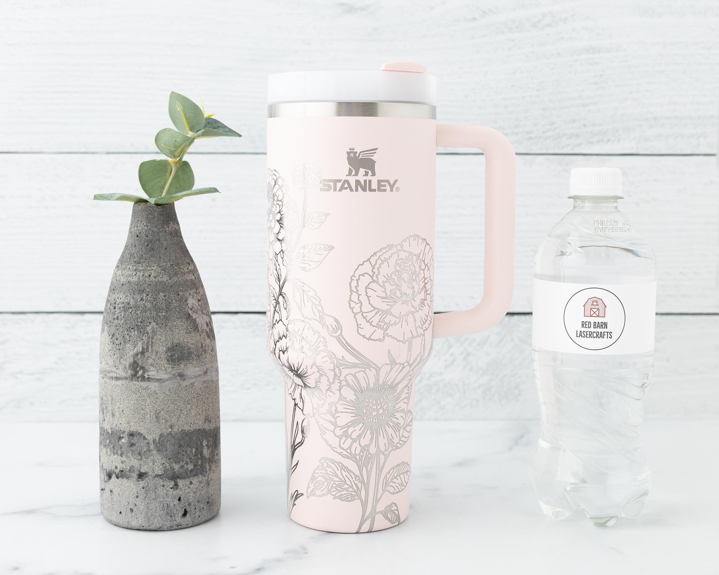 40oz Stanley Tumbler Laser Engraved with Zinnia & Carnation Floral Design