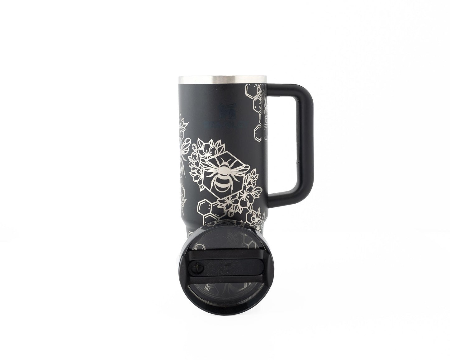 30oz Stanley Tumbler with Handle – Laser Engraved Bumble Bee & Honeycomb Design | Nature Lover or Gardener Gift