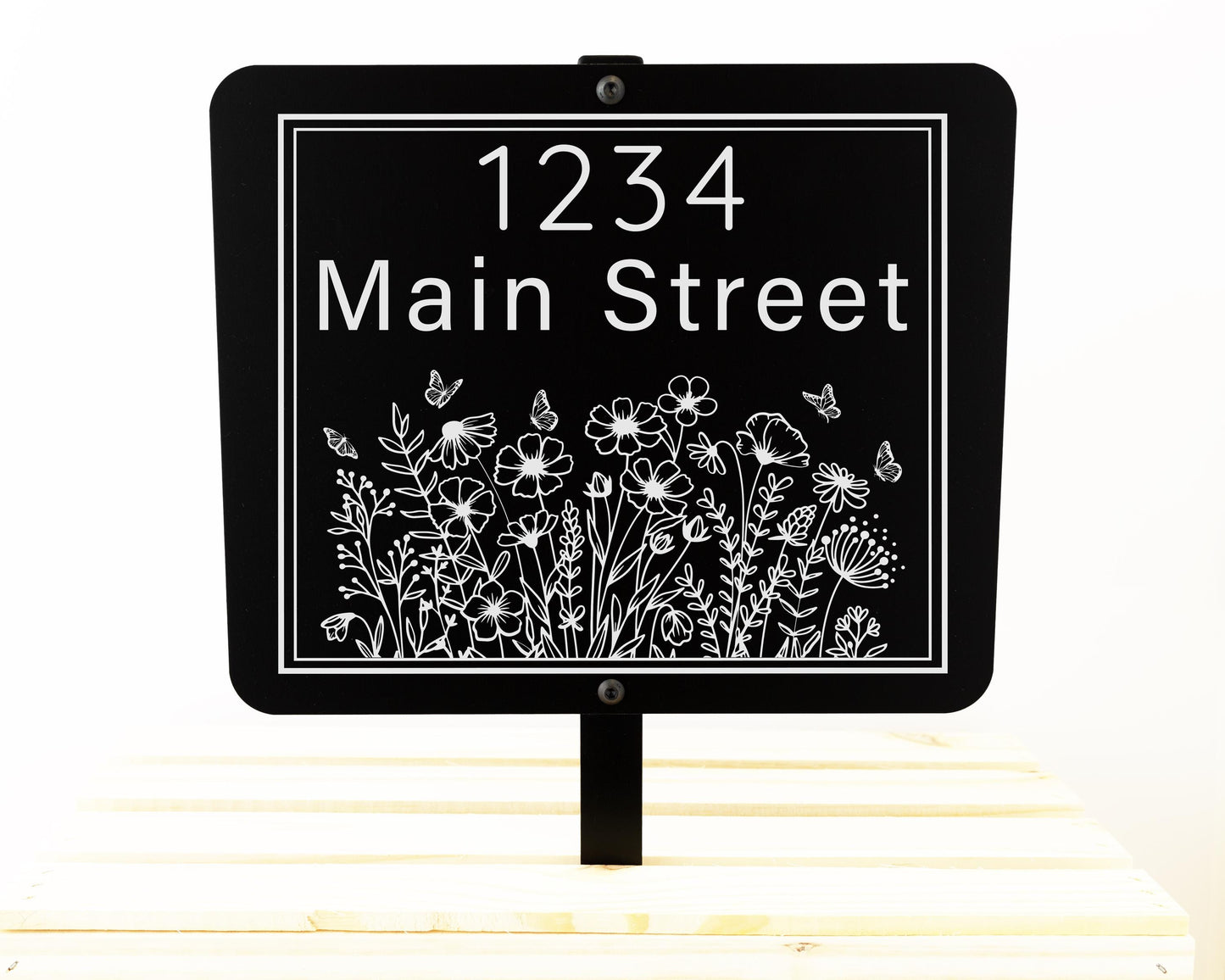 Personalized Black Aluminum Yard Sign with Wildflower Border