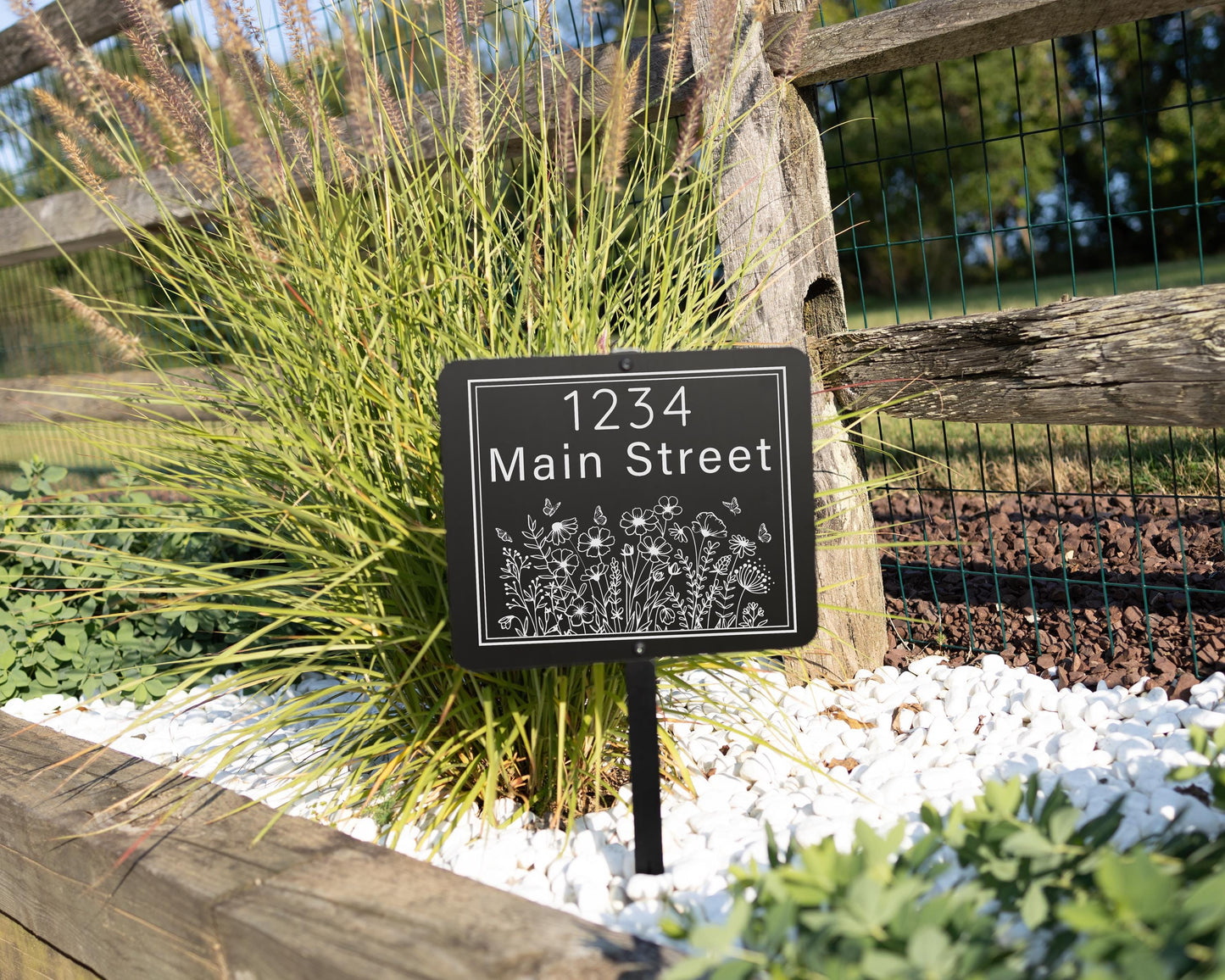 Personalized Black Aluminum Yard Sign with Wildflower Border