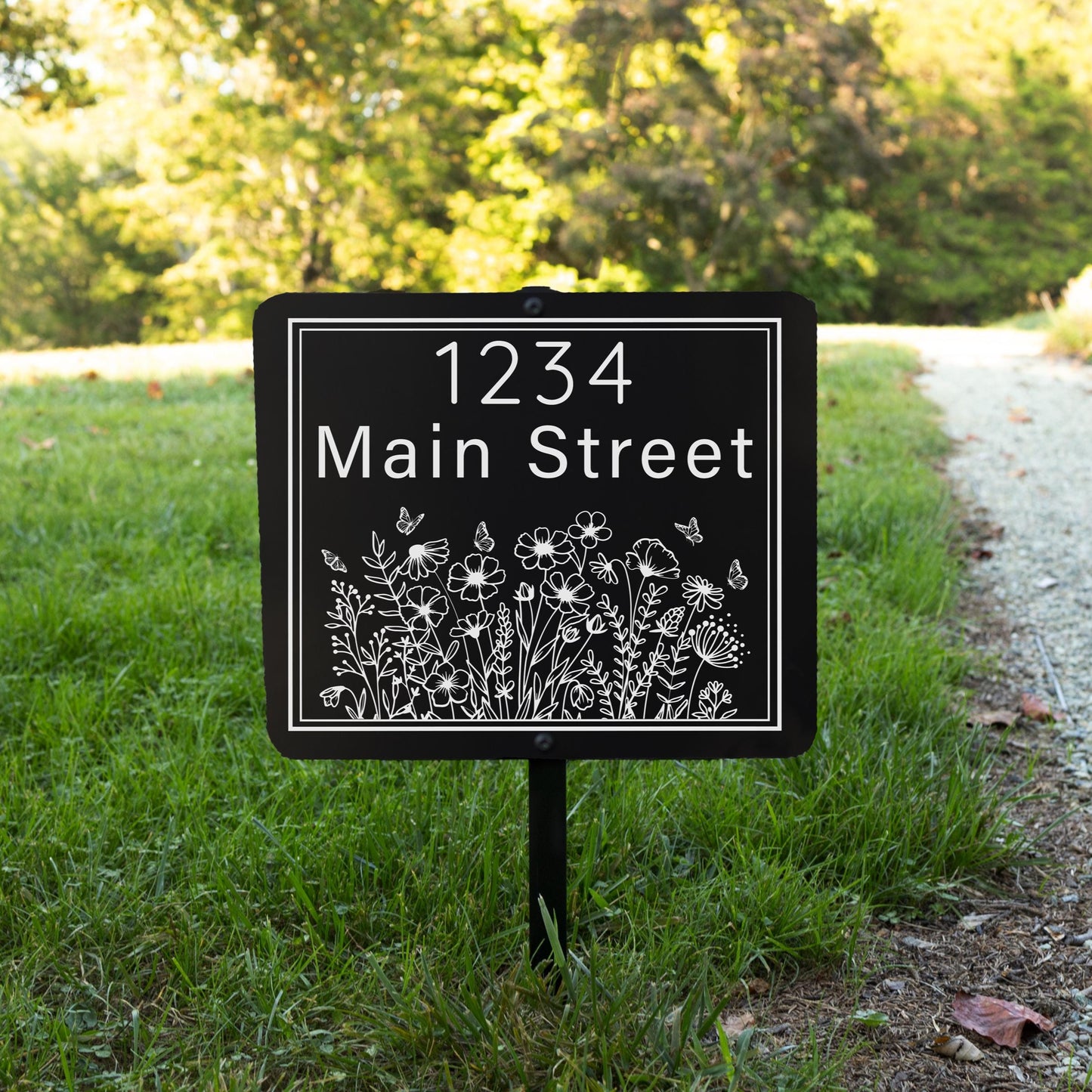 Personalized Black Aluminum Yard Sign with Wildflower Border
