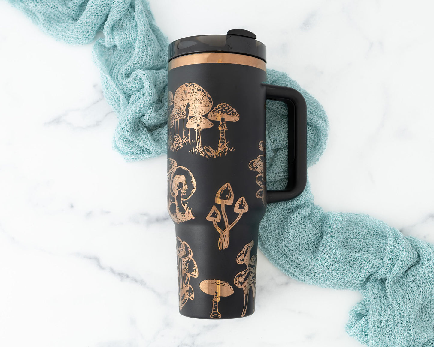 40oz Black or Cream Tumbler with Handle Laser Engraved with Mushroom Design