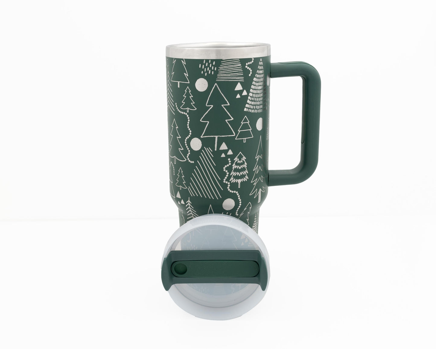40oz Tumbler with Handle Laser Engraved with Christmas Tree Design