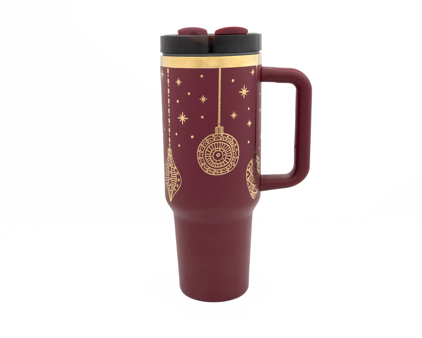 40oz Cranberry or Cherry Tumbler with Handle Laser Engraved with Holiday Ornament Design
