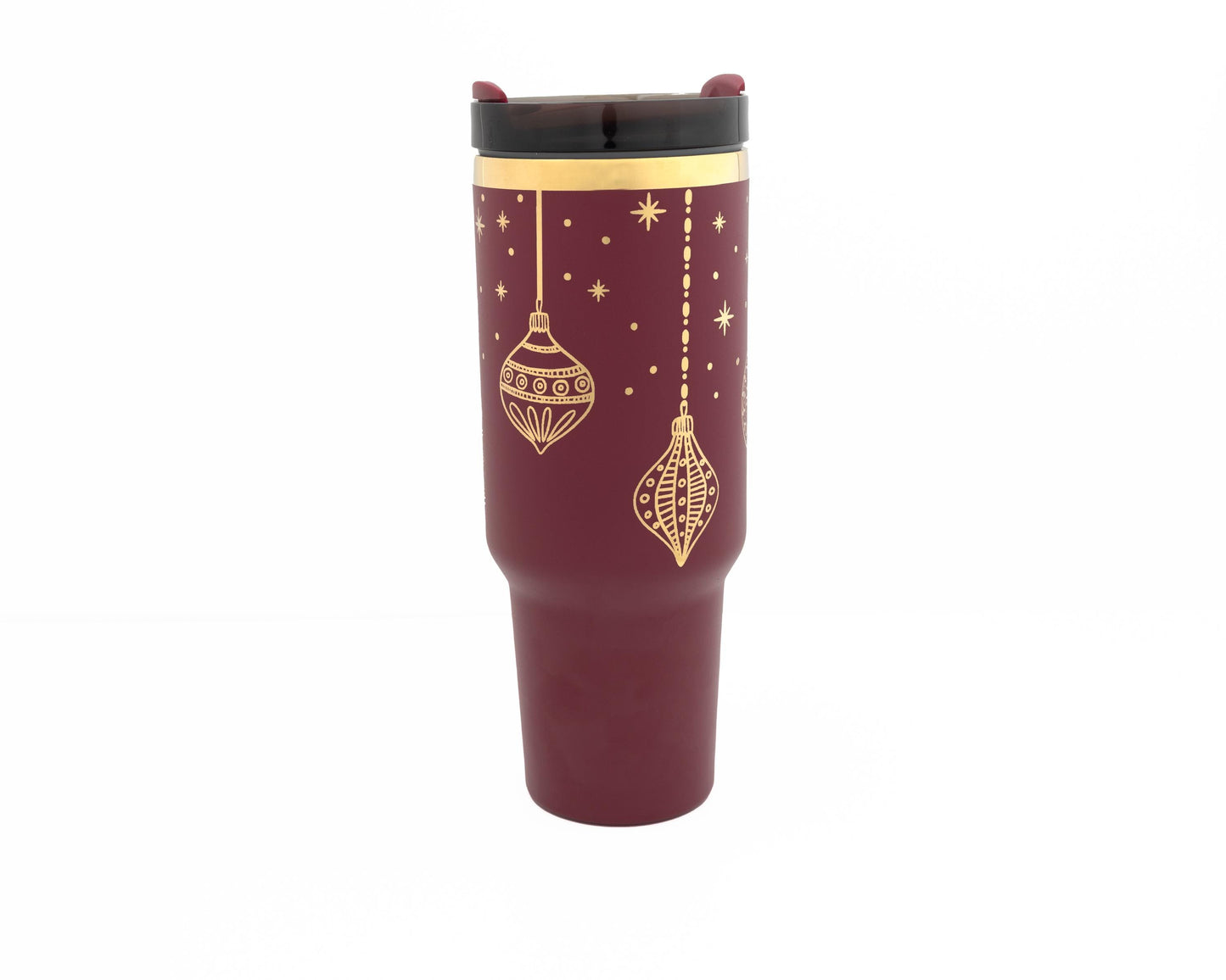 40oz Cranberry or Cherry Tumbler with Handle Laser Engraved with Holiday Ornament Design