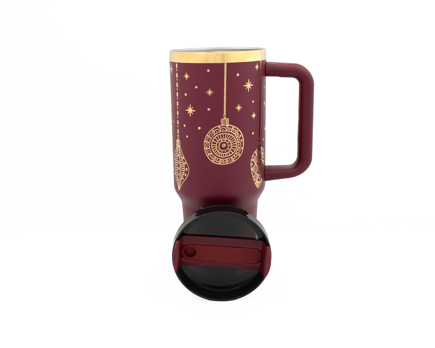 40oz Cranberry or Cherry Tumbler with Handle Laser Engraved with Holiday Ornament Design