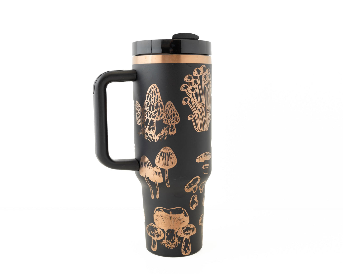40oz Black or Cream Tumbler with Handle Laser Engraved with Mushroom Design