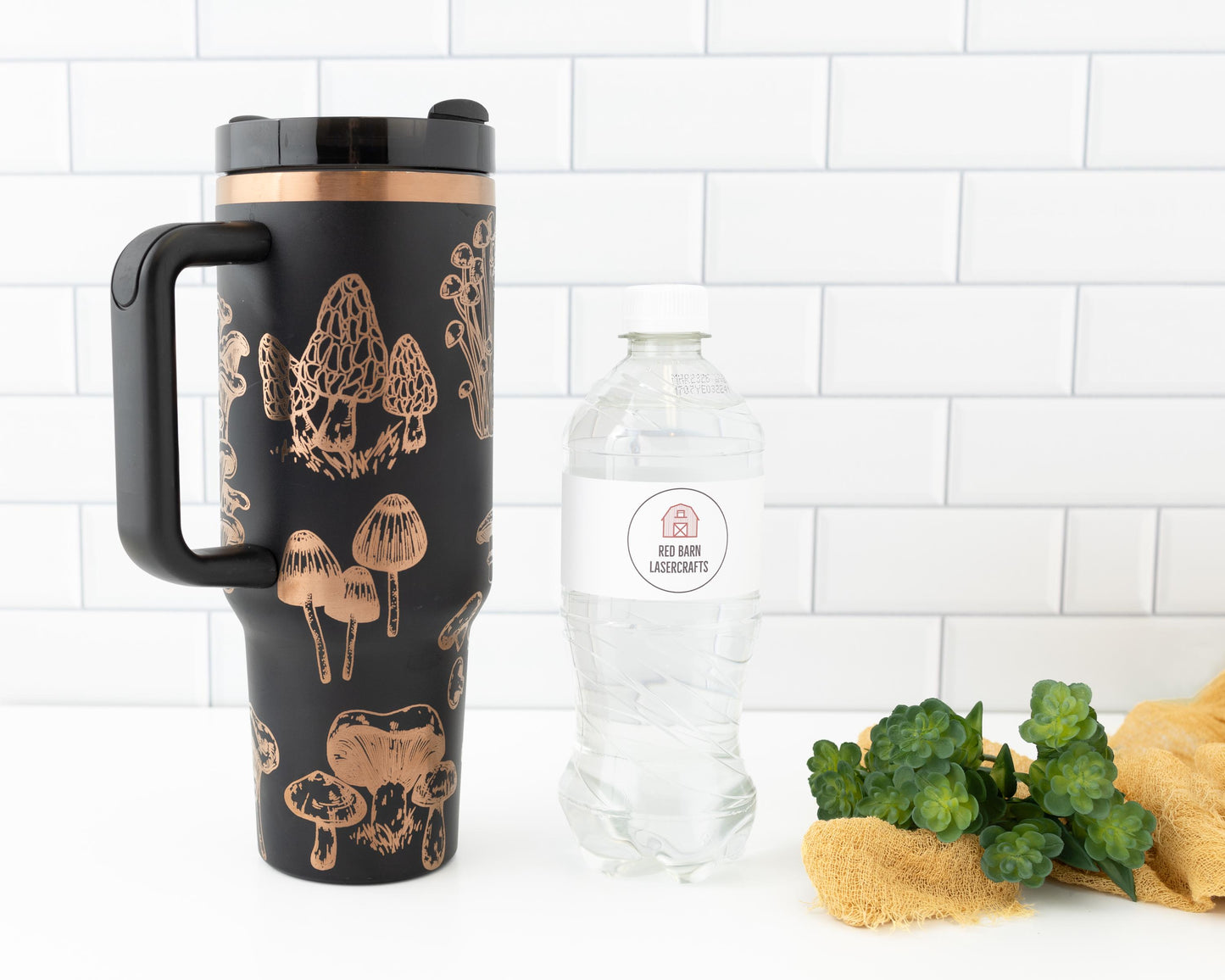 40oz Black or Cream Tumbler with Handle Laser Engraved with Mushroom Design