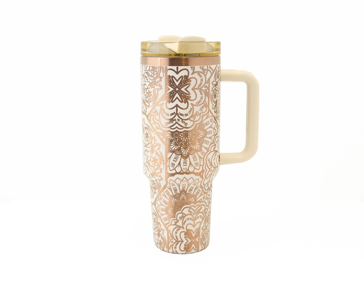 40oz Black or Cream Tumbler with Handle Laser Engraved with Hidden Cuss Word (f*ck) Mandala