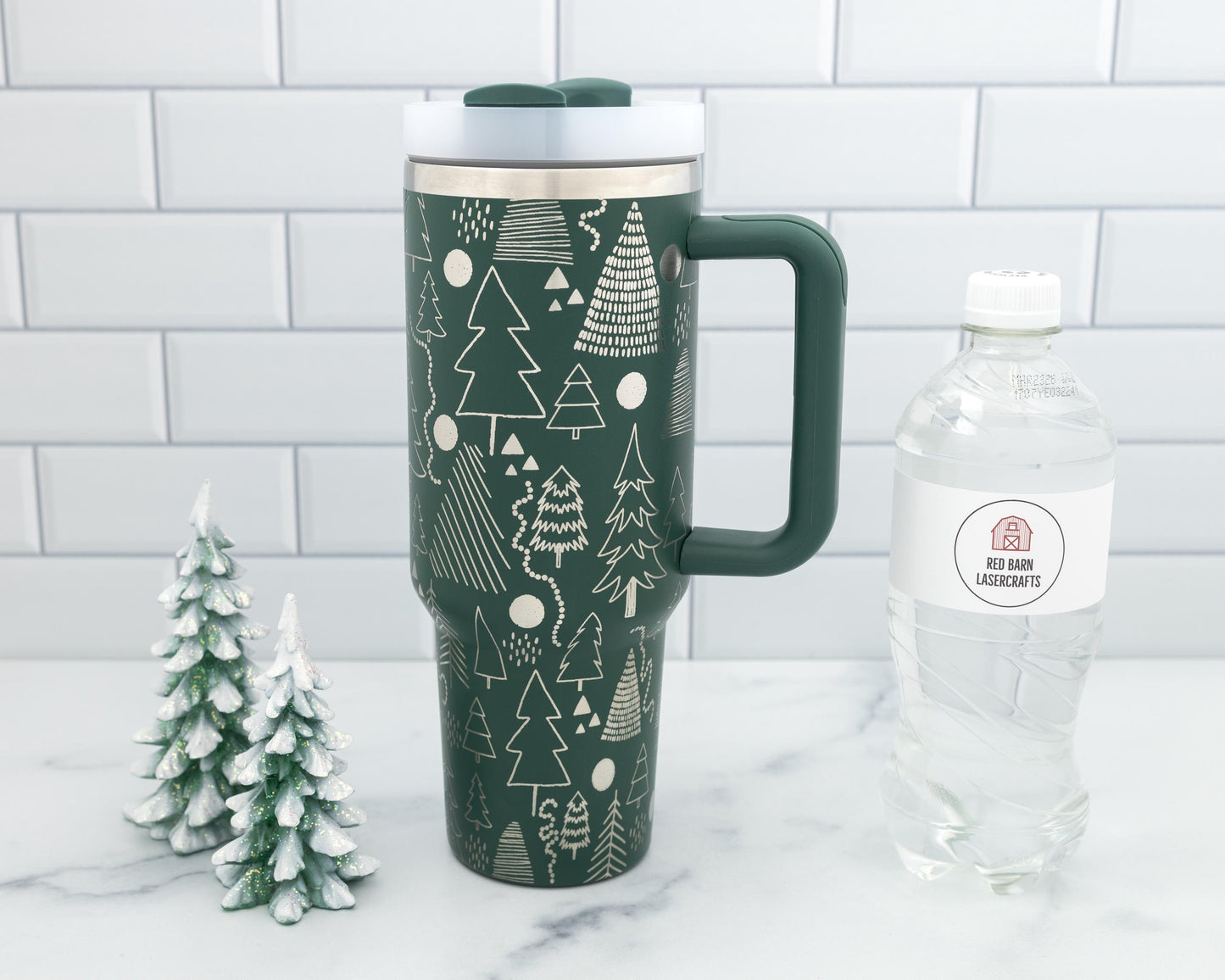 40oz Tumbler with Handle Laser Engraved with Christmas Tree Design