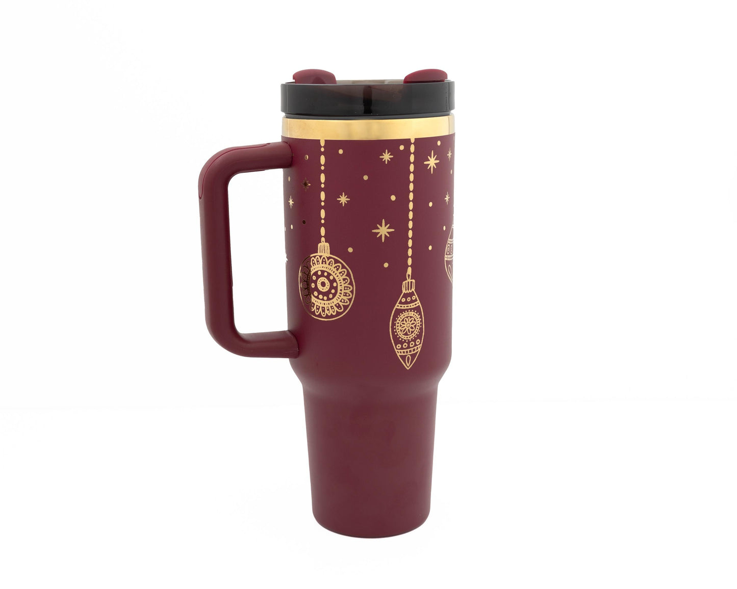 40oz Cranberry or Cherry Tumbler with Handle Laser Engraved with Holiday Ornament Design