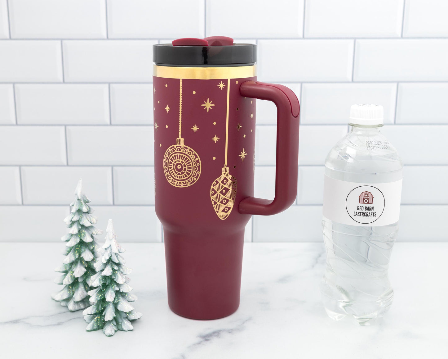 40oz Cranberry or Cherry Tumbler with Handle Laser Engraved with Holiday Ornament Design