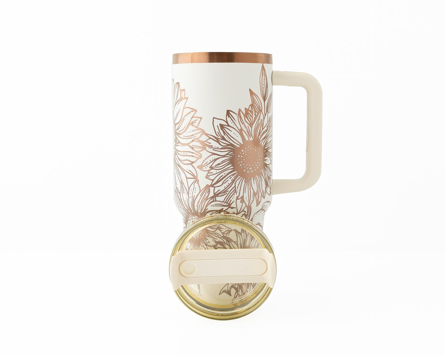 40oz Black or Cream Tumbler with Handle Laser Engraved with Sunflowers